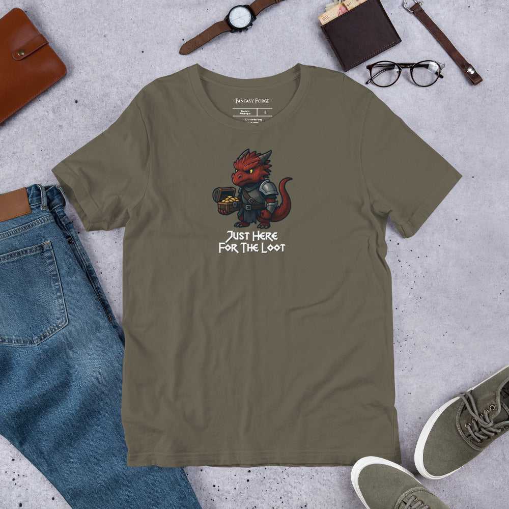 Army green RPG tee with red dragon and loot chest, unisex fantasy shirt for adventurers and dice rollers.