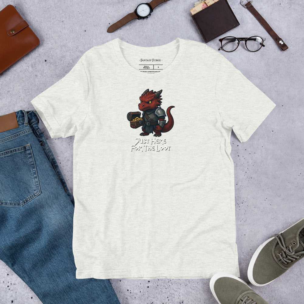 Heather white RPG tee with red dragon and 'Just Here for the Loot' text, unisex fantasy shirt for D&D and tabletop gaming.