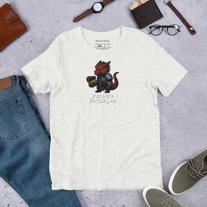 Heather white RPG tee with red dragon and 'Just Here for the Loot' text, unisex fantasy shirt for D&D and tabletop gaming.