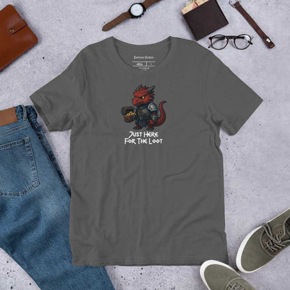 Grey RPG-themed T‑Shirt with red dragon and treasure chest, ideal unisex apparel for tabletop roleplayers and loot seekers.