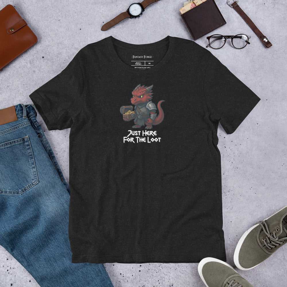 Just Here for the Loot T‑Shirt in heather black featuring a red dragon holding treasure, perfect RPG tee for D&D fans and fantasy gamers.