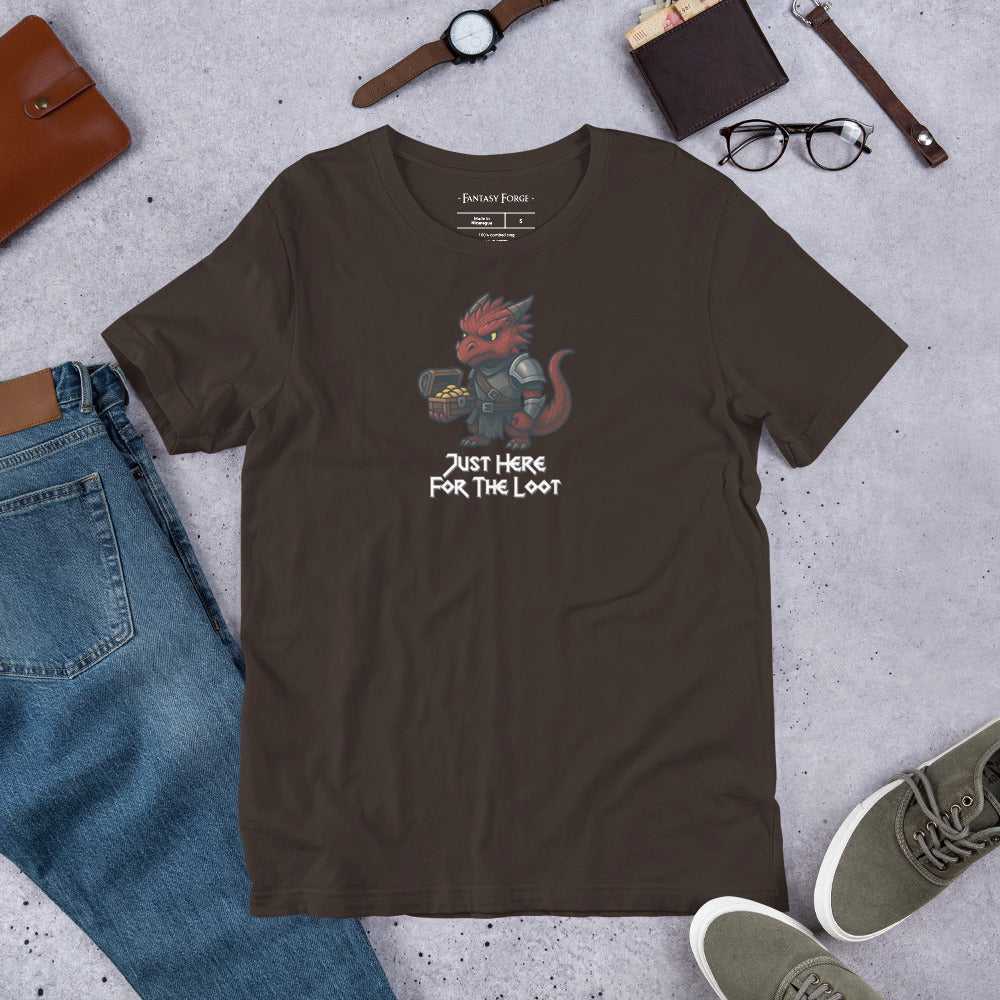 Brown RPG-themed T‑Shirt with red dragon and loot chest, perfect for unisex fantasy fashion and tabletop gaming sessions.