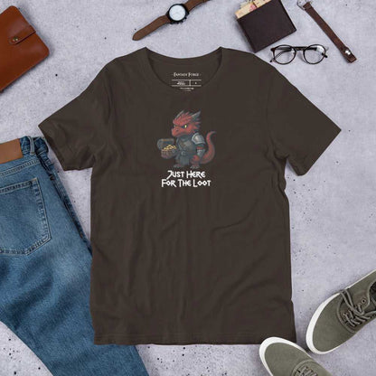 Brown RPG-themed T‑Shirt with red dragon and loot chest, perfect for unisex fantasy fashion and tabletop gaming sessions.