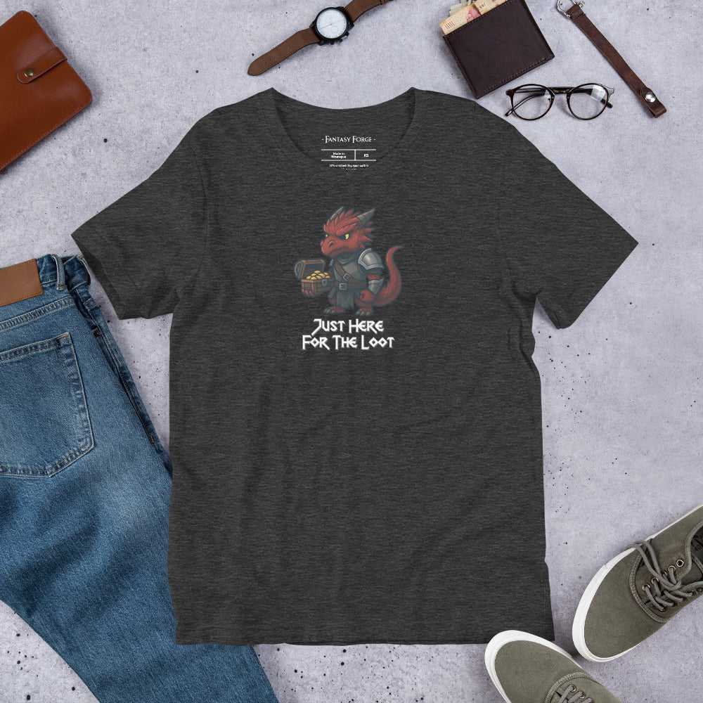 Heather charcoal RPG tee with red dragon and 'Just Here for the Loot' slogan, unisex fantasy apparel for gamers and adventurers.