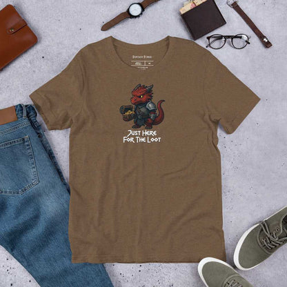 Brown heather Just Here for the Loot T‑Shirt with red dragon, fantasy-themed unisex shirt for D&D and RPG fans.
