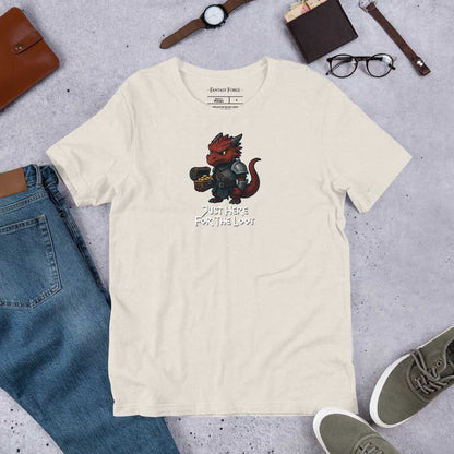Cream Just Here for the Loot T‑Shirt with red dragon design, soft unisex RPG shirt for fantasy fans and adventurers.