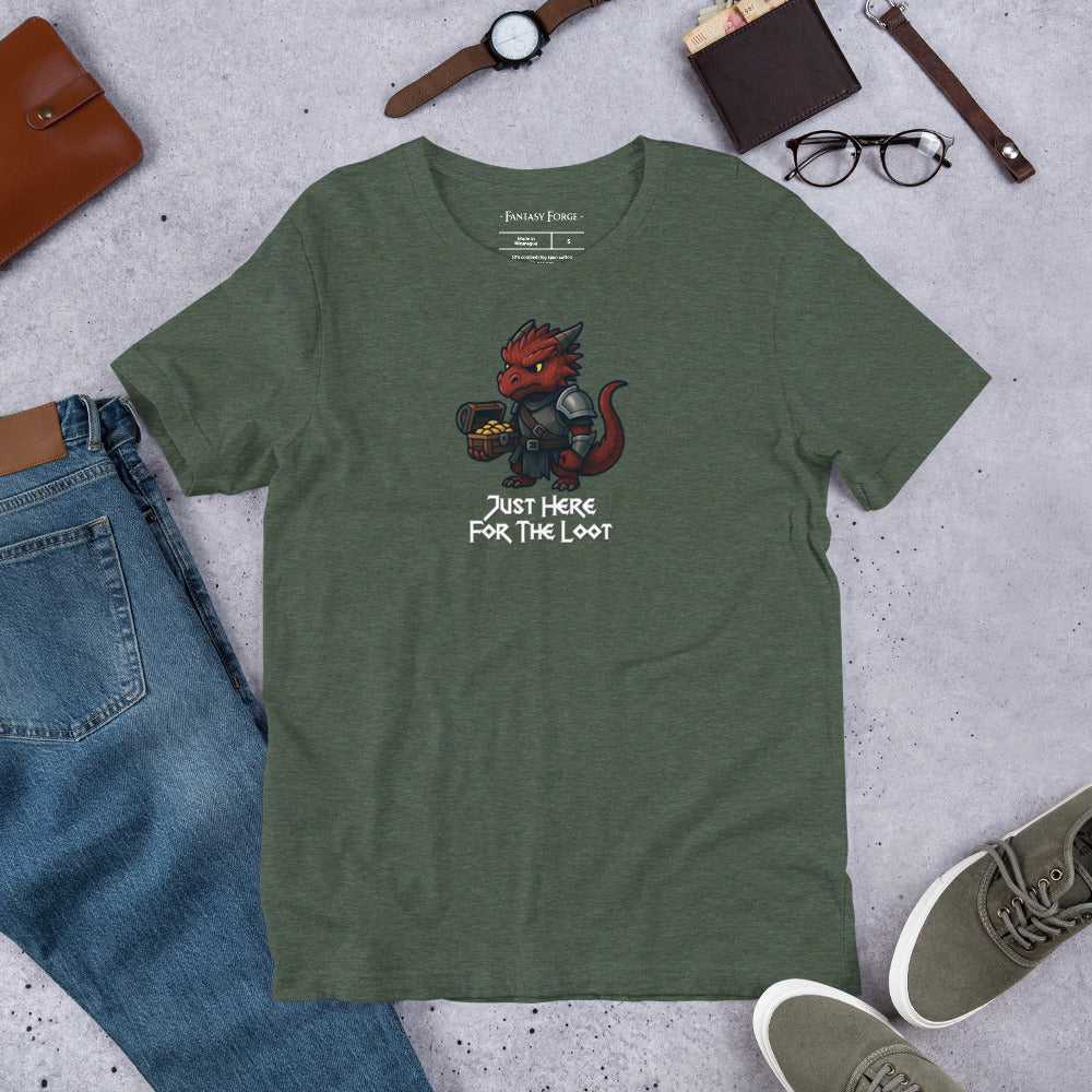 Heather green Just Here for the Loot T‑Shirt with red dragon design, soft unisex top for D&D players and fantasy lovers.