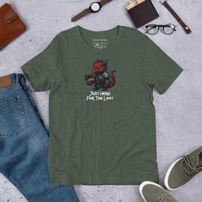 Heather green Just Here for the Loot T‑Shirt with red dragon design, soft unisex top for D&D players and fantasy lovers.