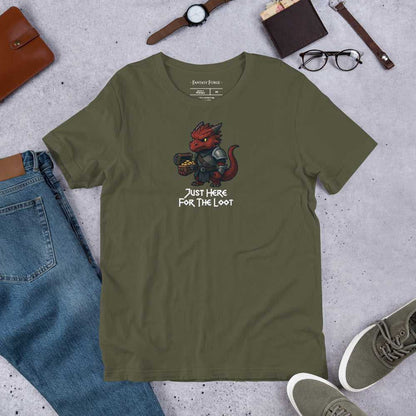 Olive green unisex T‑Shirt with red dragon holding loot, perfect for fantasy RPG fans and dungeon crawlers.