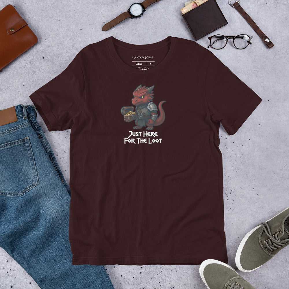 Maroon Just Here for the Loot T‑Shirt with red dragon design, soft fantasy-themed shirt for treasure hunters and dice rollers.