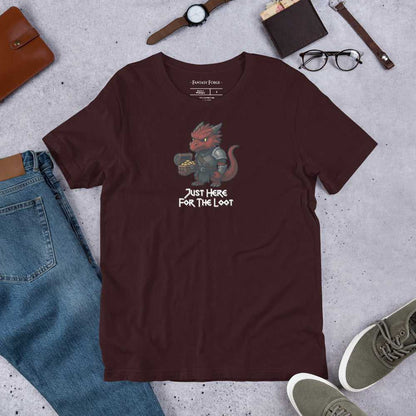 Maroon Just Here for the Loot T‑Shirt with red dragon design, soft fantasy-themed shirt for treasure hunters and dice rollers.