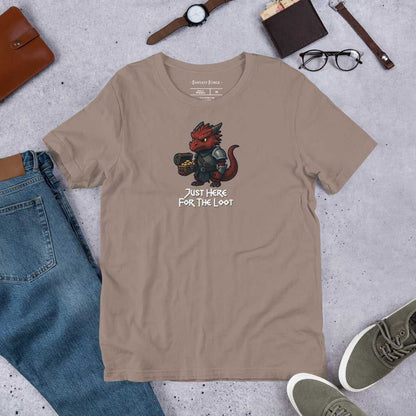 Light brown Just Here for the Loot T‑Shirt with red dragon illustration, perfect for fantasy RPG fans and treasure hunters.
