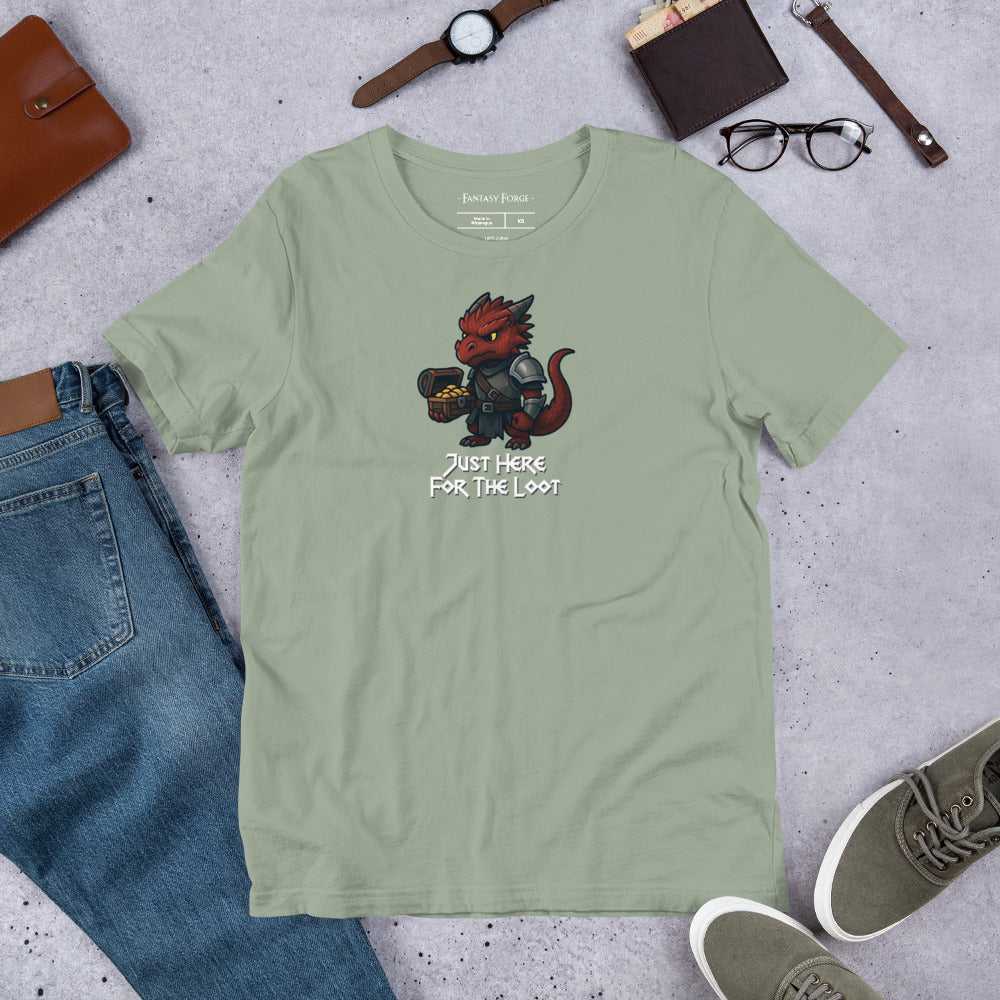 Mint green RPG T‑Shirt with red dragon and loot chest, unisex fantasy apparel for D&D players and tabletop gamers.